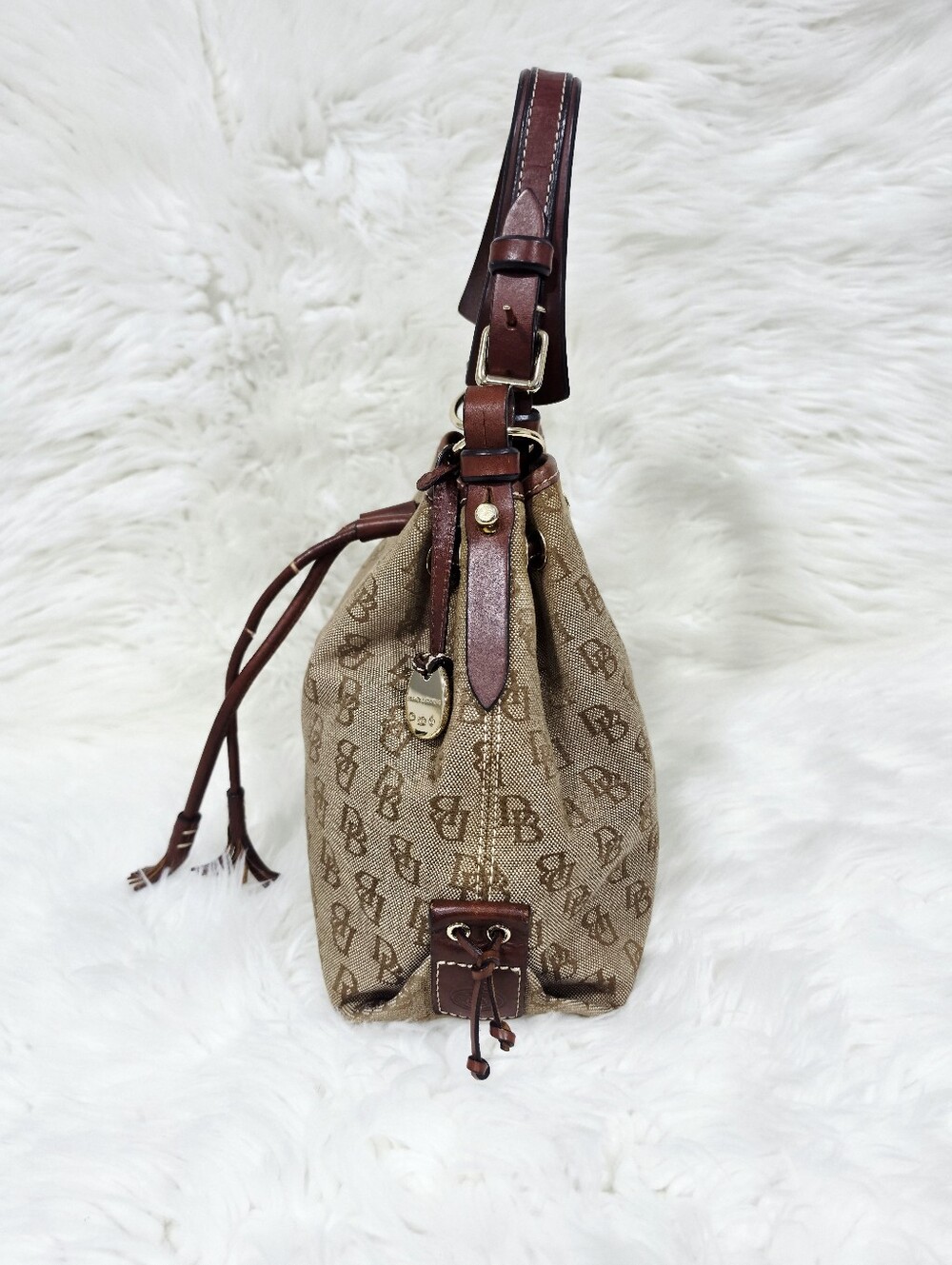 Dooney & Bourke DB Monogram Drawstring Bucket Bag Tan Brown Leather - Picture 16 of 17